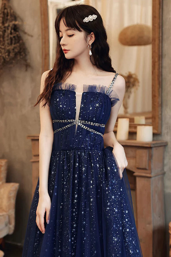 Blue Spaghetti Strap Tulle Prom Dress A-Line Evening Graduation Dress